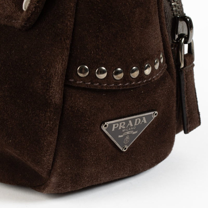 Shop safe online at Labellov in Antwerp and Knokke this 100% authentic second hand Prada Brown Suede Mini Studded Baguette Bag