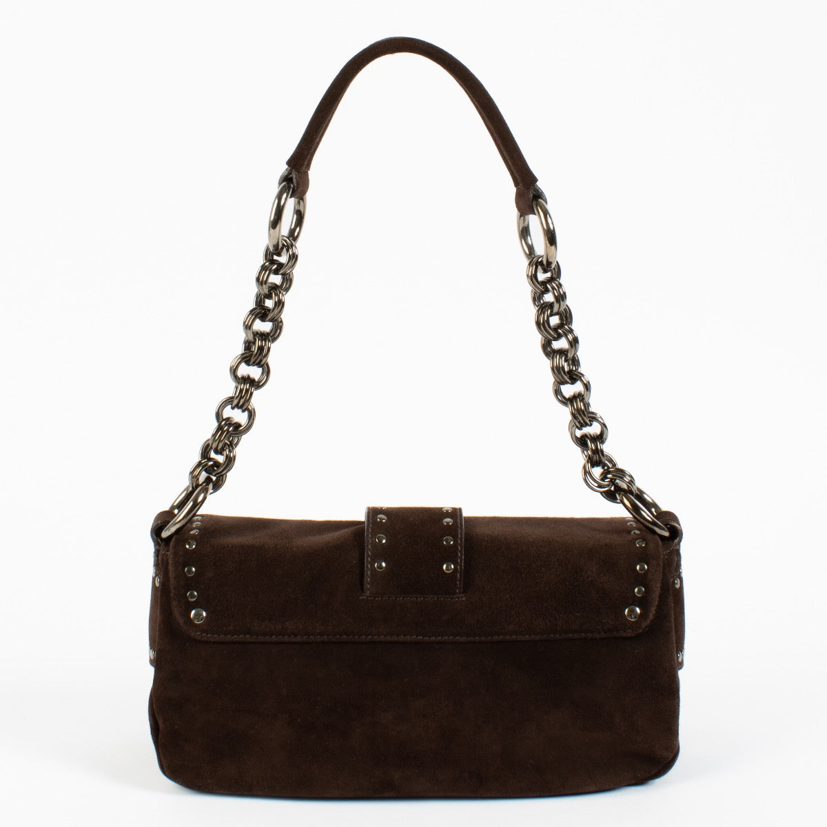 Shop safe online at Labellov in Antwerp and Knokke this 100% authentic second hand Prada Brown Suede Mini Studded Baguette Bag