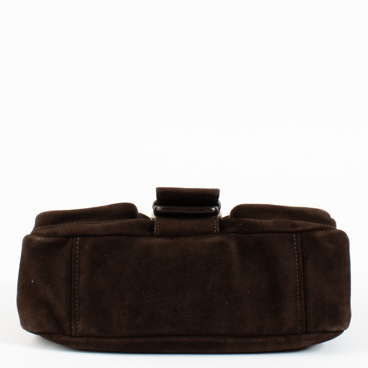 Shop safe online at Labellov in Antwerp and Knokke this 100% authentic second hand Prada Brown Suede Mini Studded Baguette Bag
