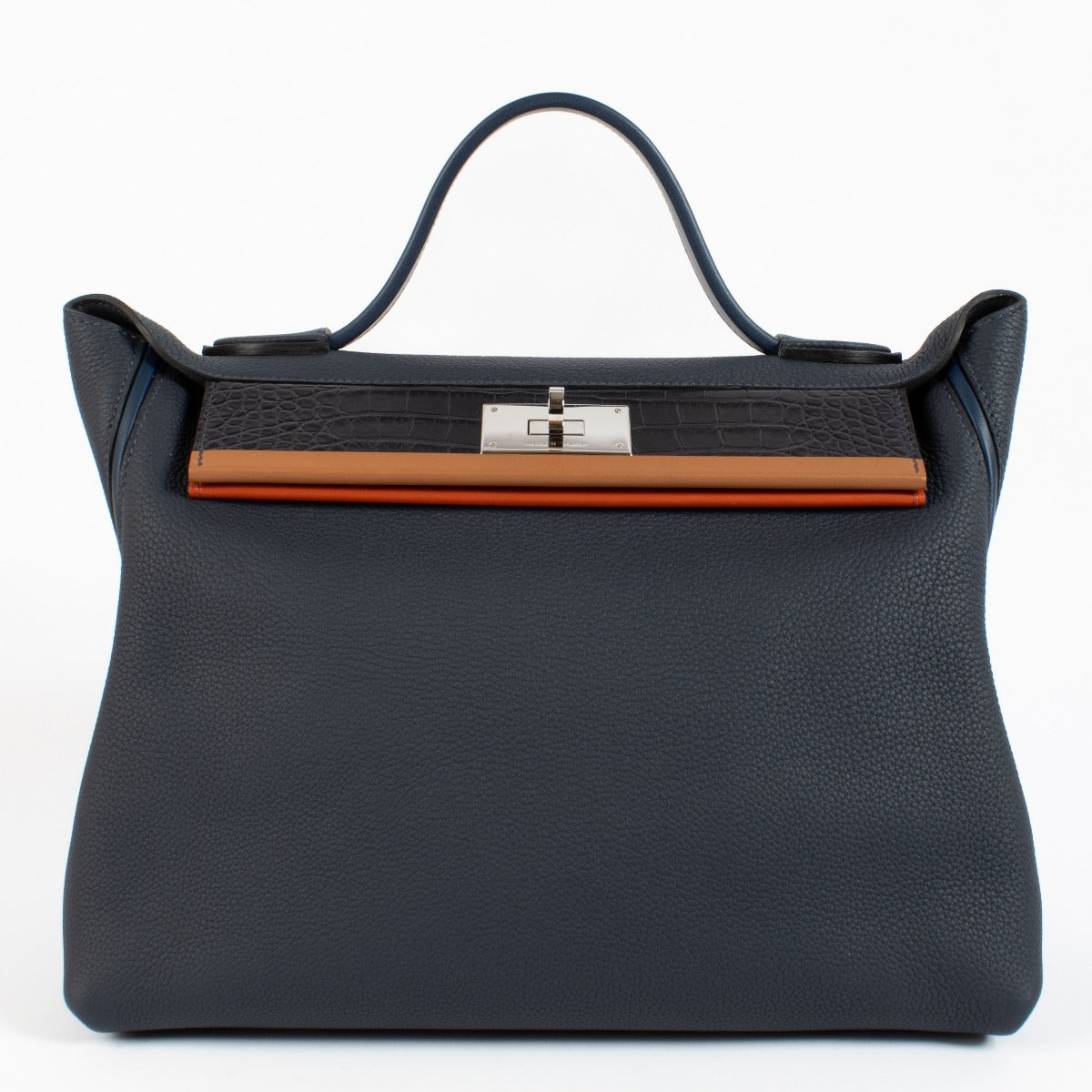 Authentic second hand Hermès 24/24 35 Patchwork on www.labellov.com Hermès 24/24 35 Patchwork Bleu Nuit/Navy/Marine/Gold/Terre Battue Togo/Swift/Alligator Palladium Hardware
