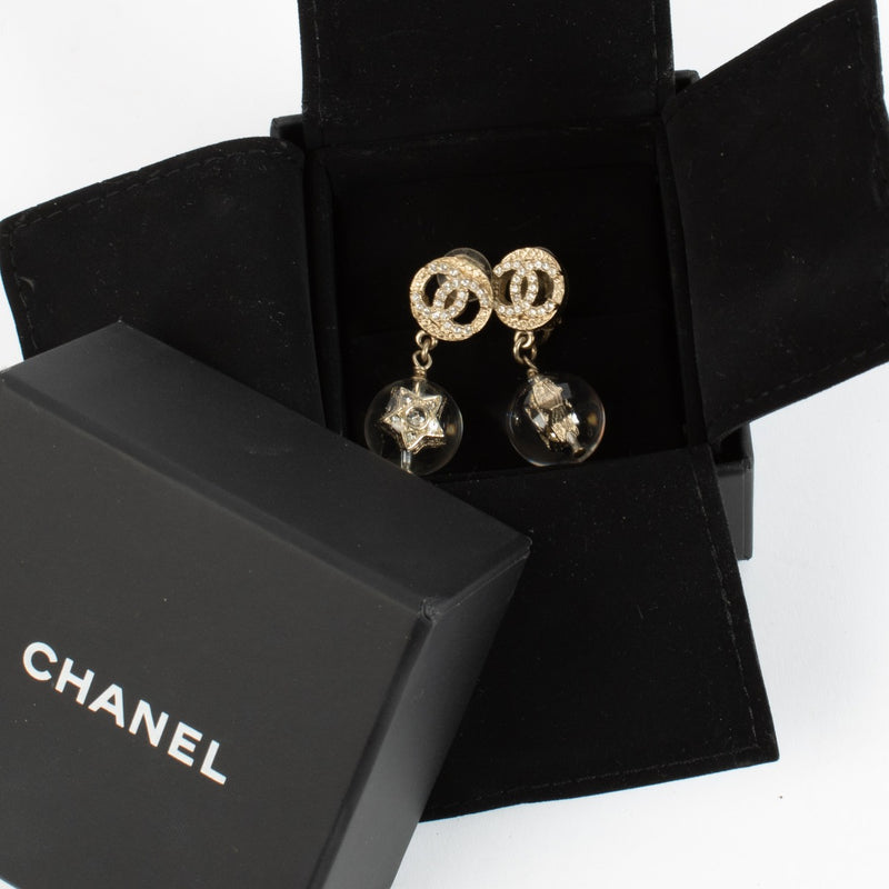 Chanel 19K Gold Crystal Star CC Pendant Earrings