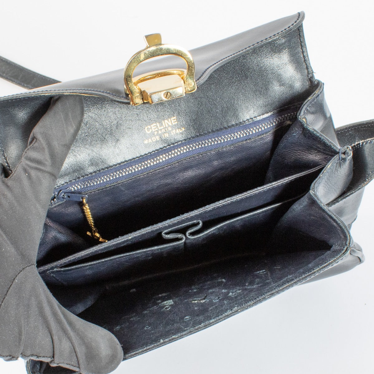 Sac vintage Celine cabas en veau brillant bleu