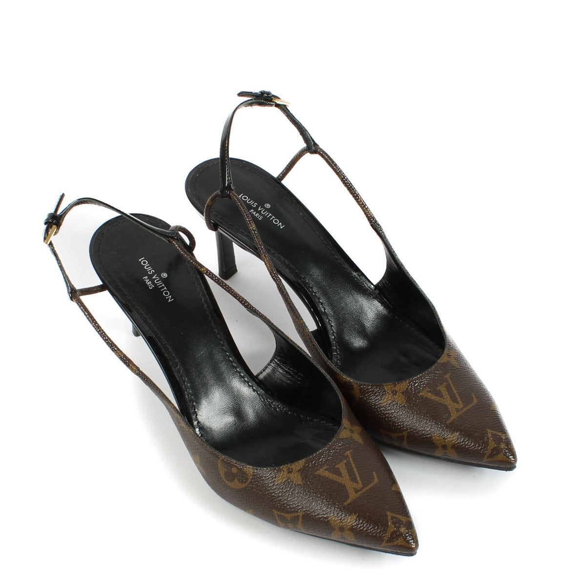 Shop Louis Vuitton Monogram Chérie Slingbacks at Labellov. Crafted from iconic Monogram canvas, featuring a sleek slingback design and pointed toe. In very good condition with slight wear on the soles. Available at Labellov.