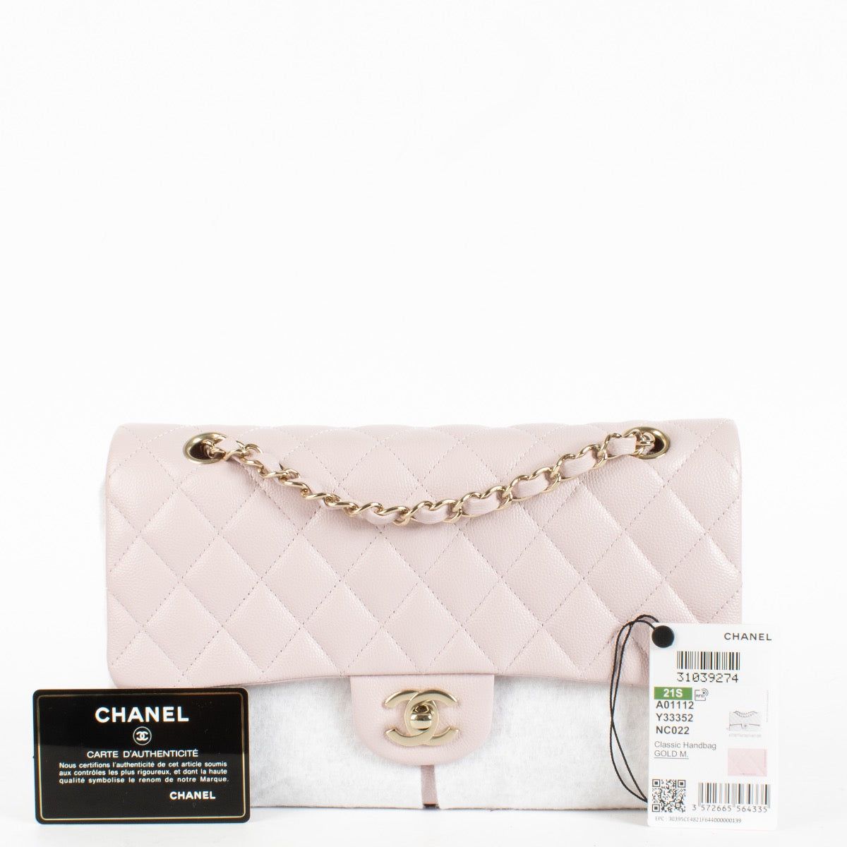 Authentic Second Hand Chanel Pale Pink Caviar Medium Classic 11.12 Bag in brand new condition with stickers on Labellov.com