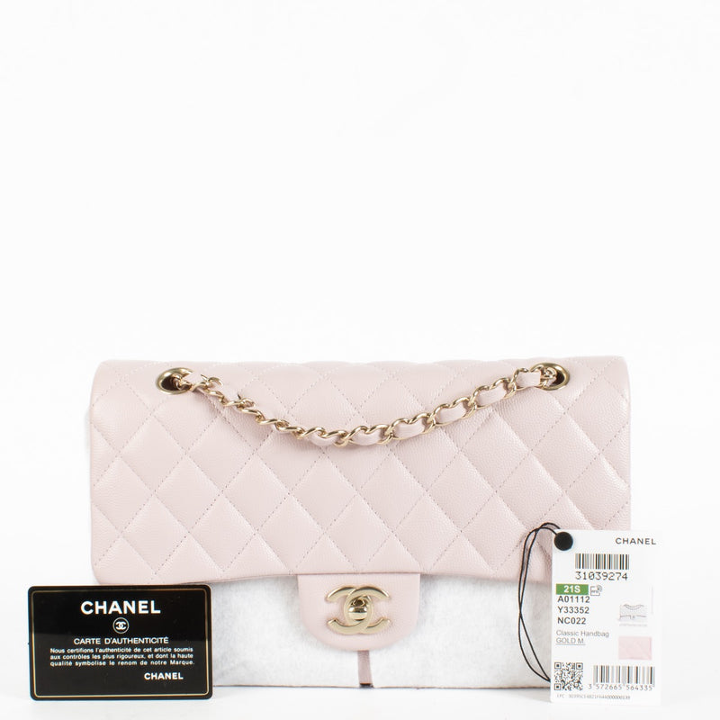Authentic Second Hand Chanel Pale Pink Caviar Medium Classic 11.12 Bag in brand new condition with stickers on Labellov.com