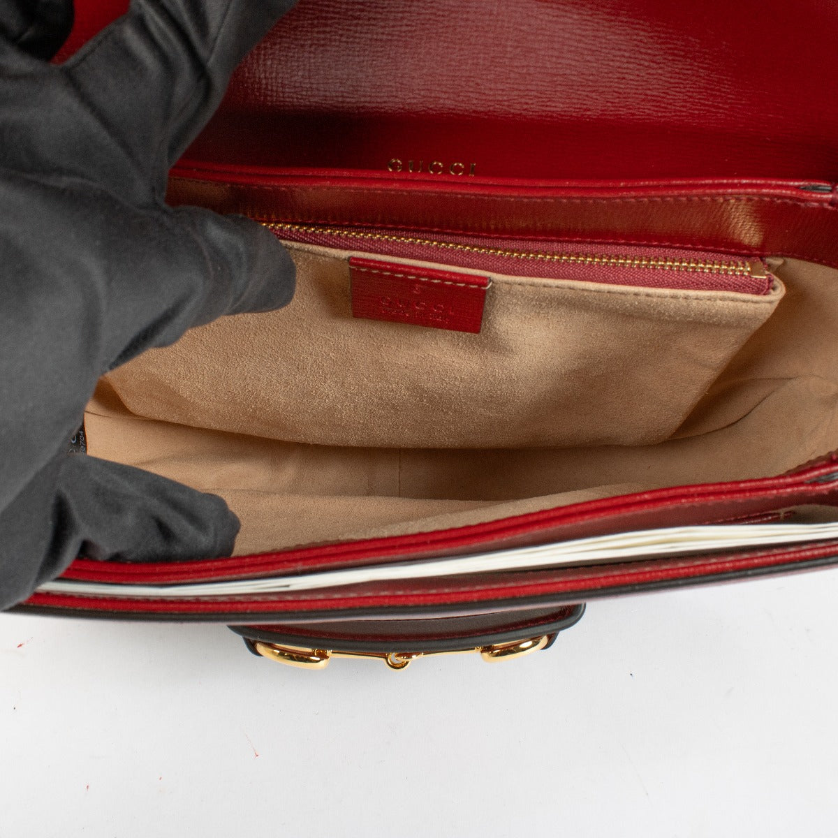 Authentic second-hand Gucci Red/GG Supreme Horsebit 1955 Medium Bag on labellov.com