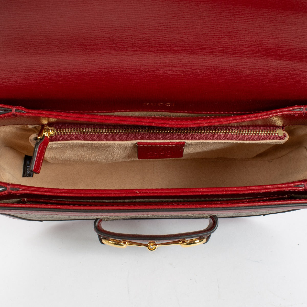 Authentic Preloved Gucci Red/GG Supreme Horsebit 1955 Medium Bag on Labellov.com
