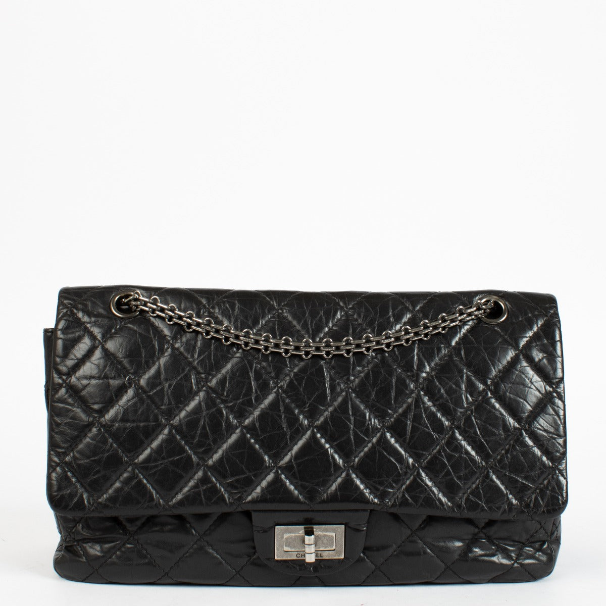 Authentic pre-loved Chanel Black Aged Calfskin Maxi 2.55 Bag on Labellov.com