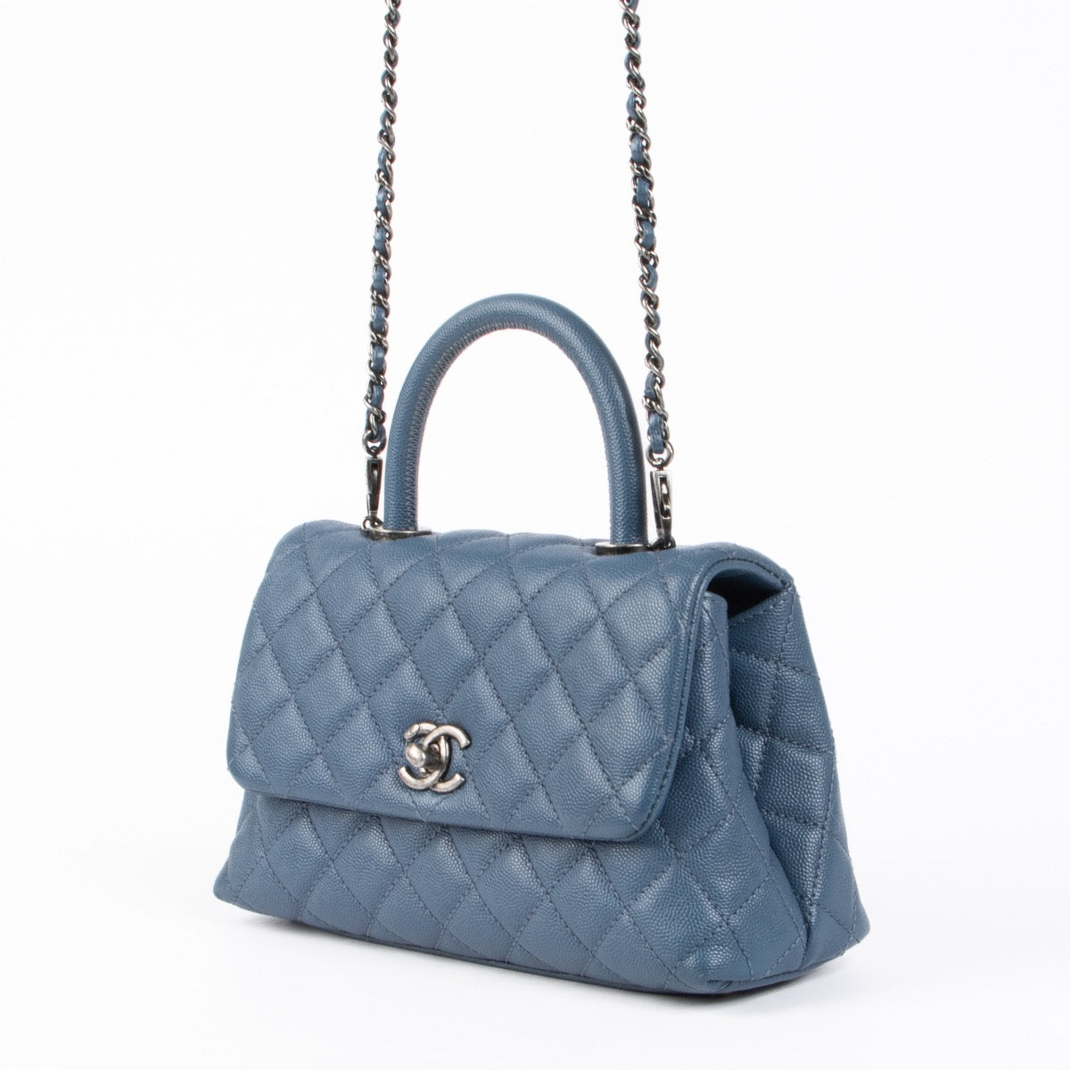 Authentic pre-loved Chanel Blue Small Coco Handle Bag on Labellov.com