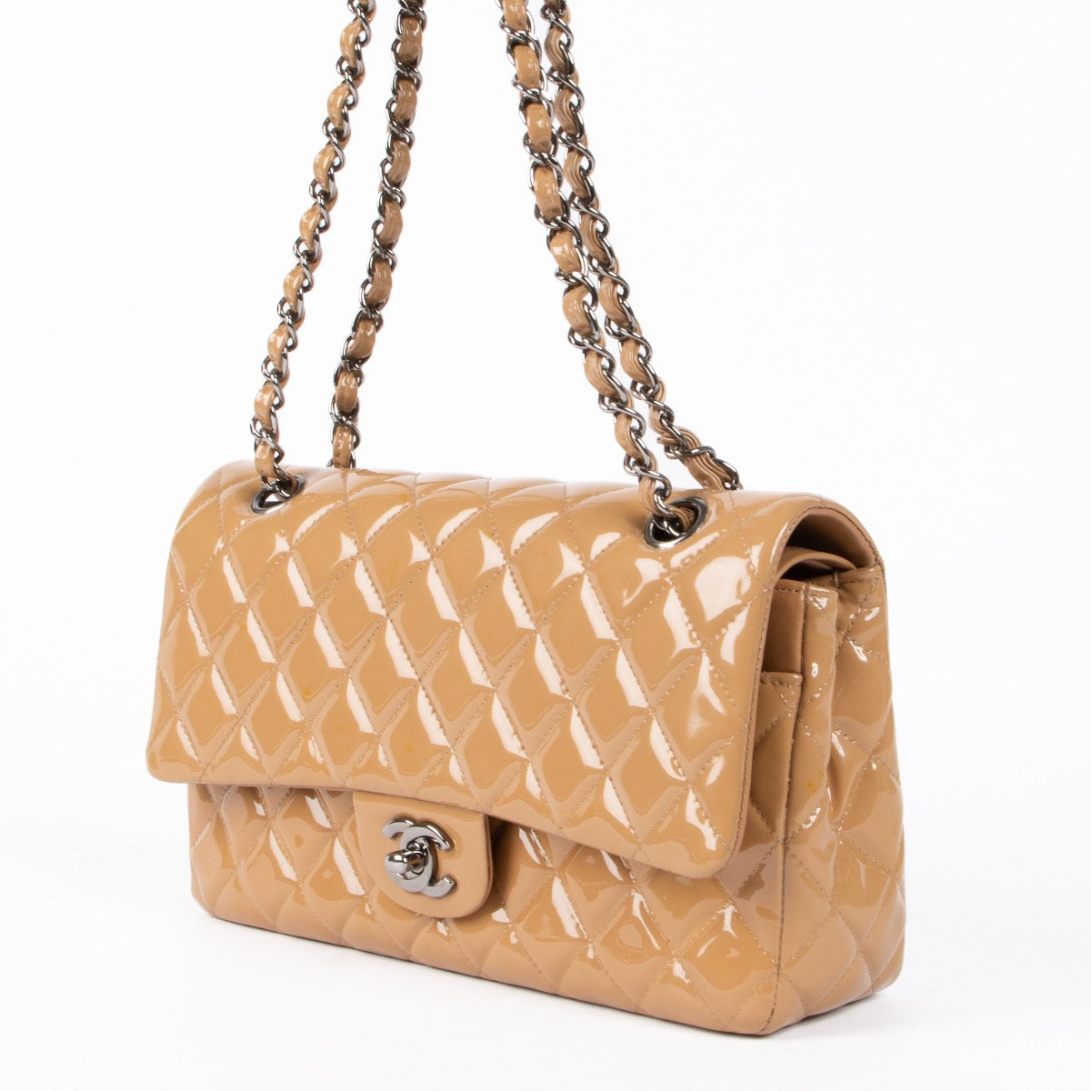 Shop safe online at Labellov in Antwerp, Brussels and Knokke this 100% authentic second hand Chanel Dark Beige Patent Leather Medium Classic 11.12 Handbag