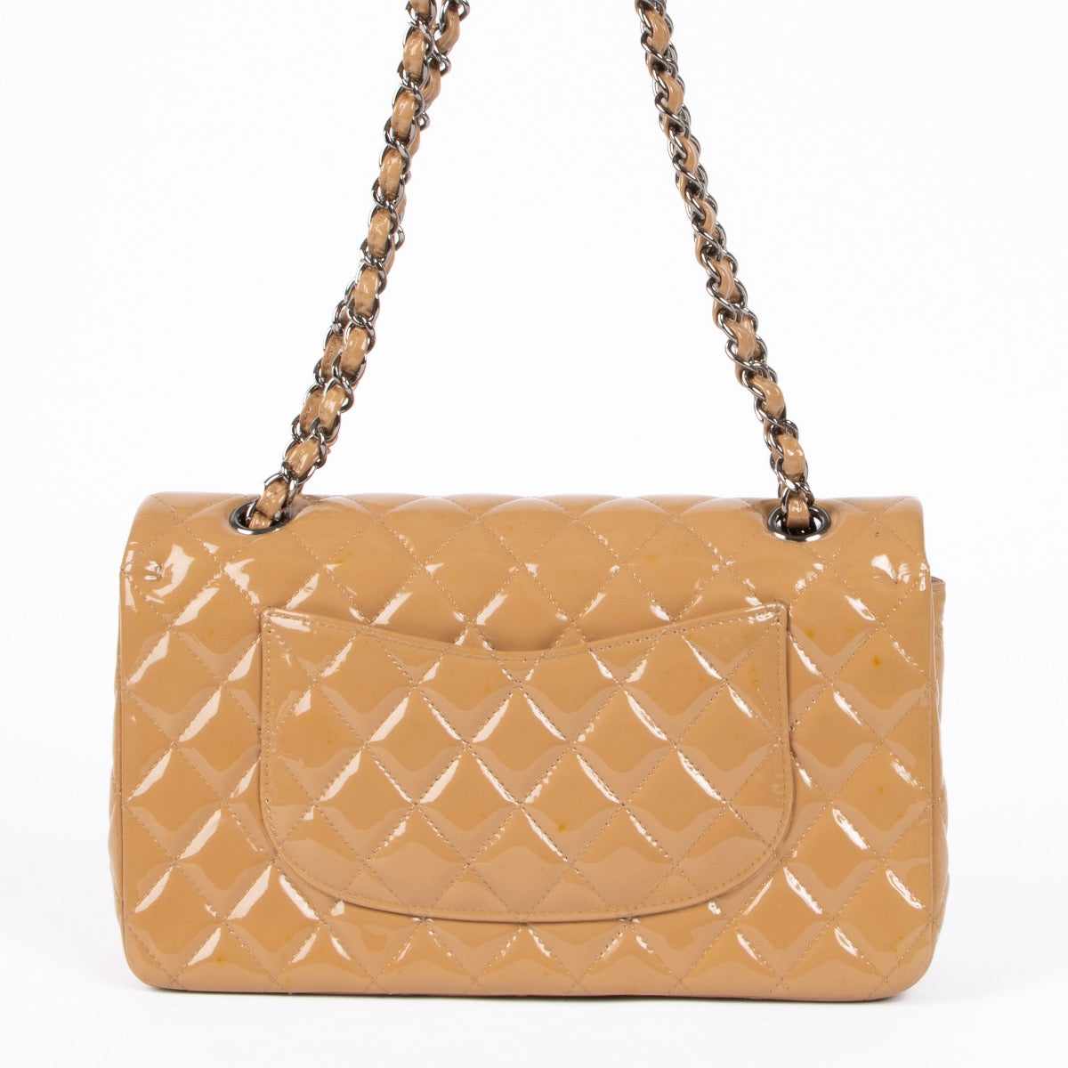 Shop safe online at Labellov in Antwerp, Brussels and Knokke this 100% authentic second hand Chanel Dark Beige Patent Leather Medium Classic 11.12 Handbag