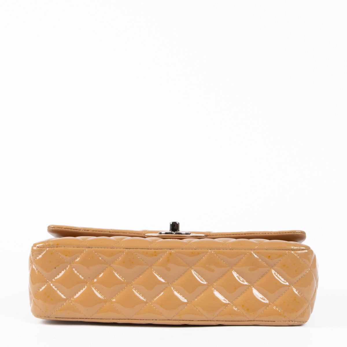 Shop safe online at Labellov in Antwerp, Brussels and Knokke this 100% authentic second hand Chanel Dark Beige Patent Leather Medium Classic 11.12 Handbag