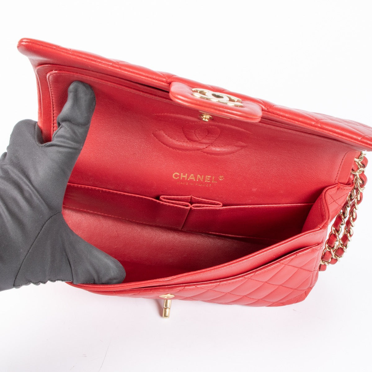 Authentic pre-loved Chanel Red Lambskin Medium 11.12 Classic Flap Bag on Labellov.com