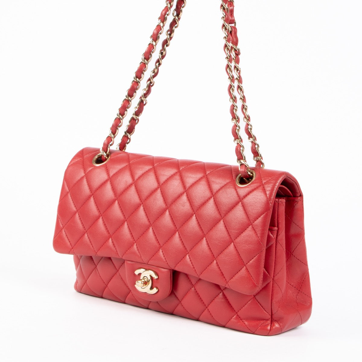 Authentic pre-loved Chanel Red Lambskin Medium 11.12 Classic Flap Bag on Labellov.com