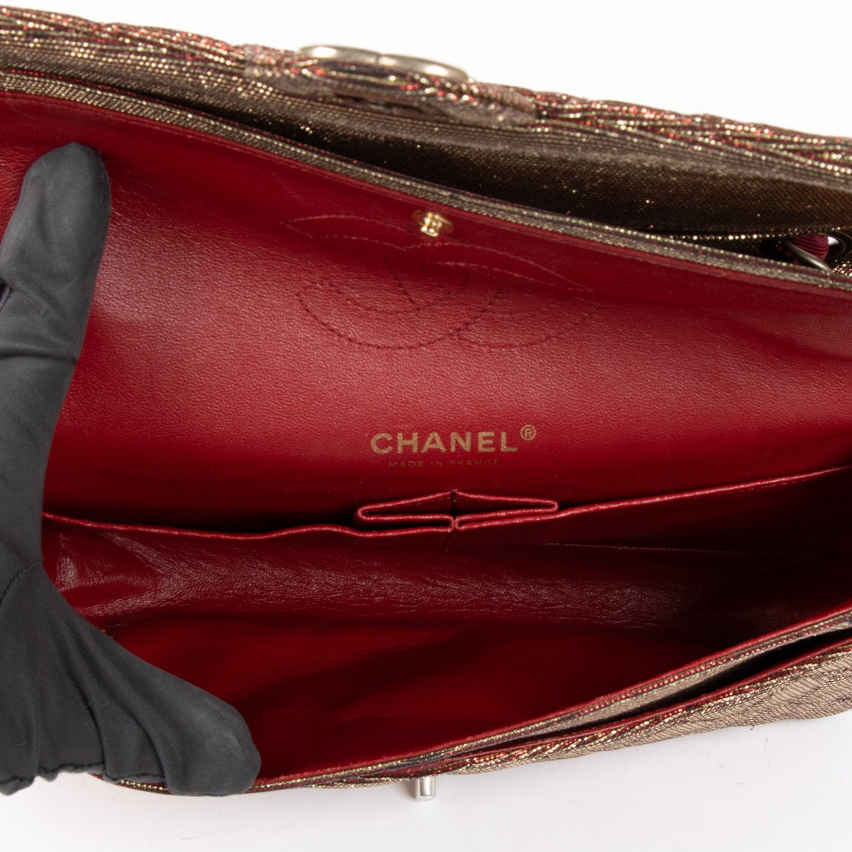 Authentic pre-loved Chanel Gold Lurex Medium Classic Flap Bag on Labellov.com