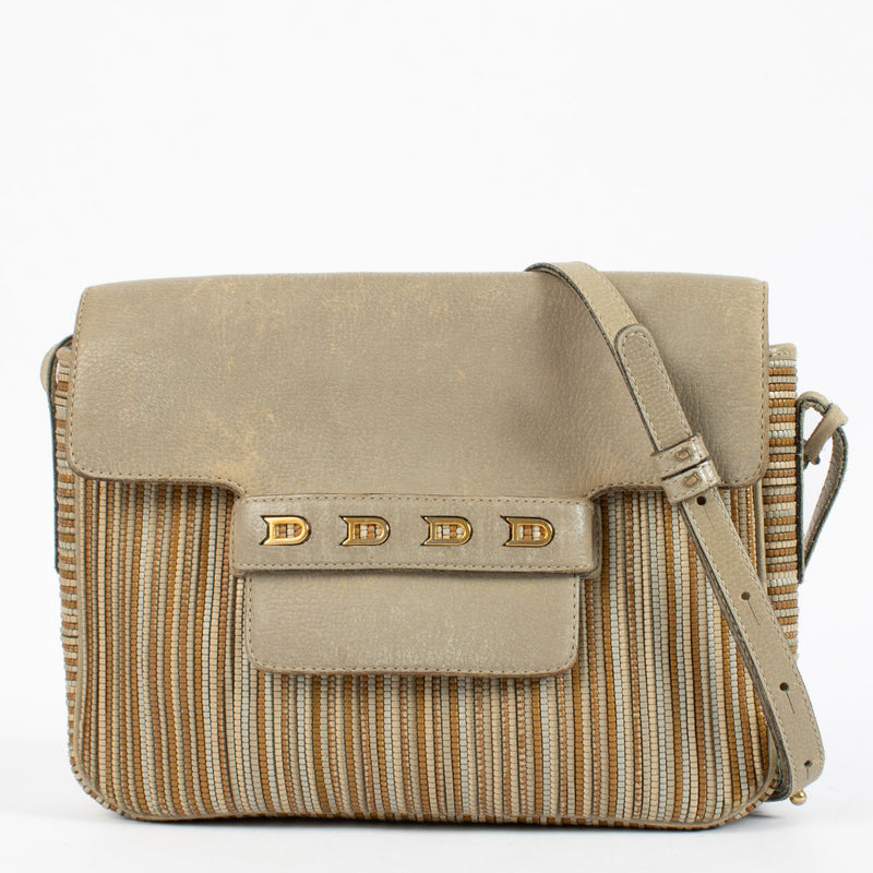 Delvaux Beige Toile de Cuir Malbec Crossbody Bag in vintage condition with adjustable strap and structured silhouette.