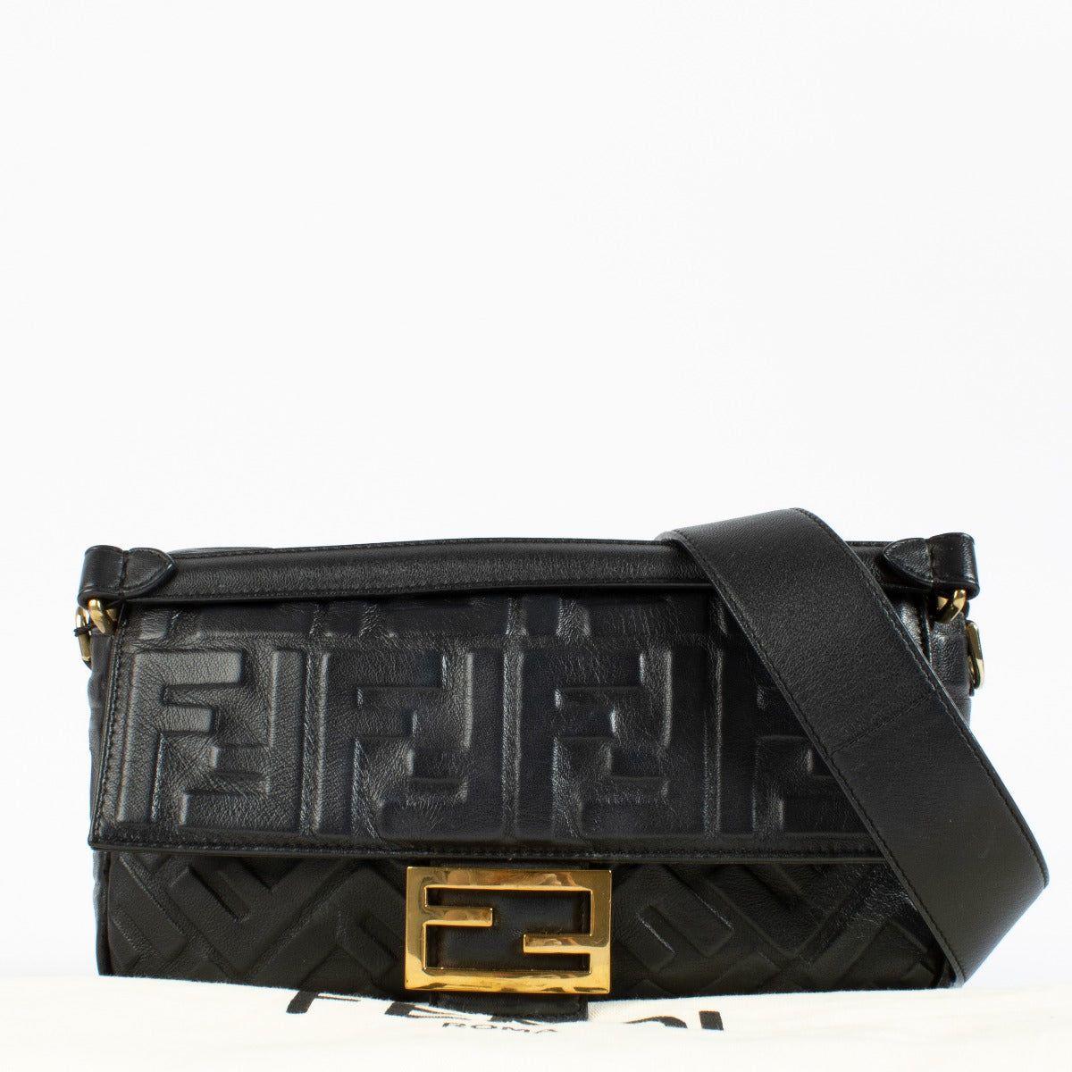 Fendi Black FF Embossed Leather Baguette Bag
