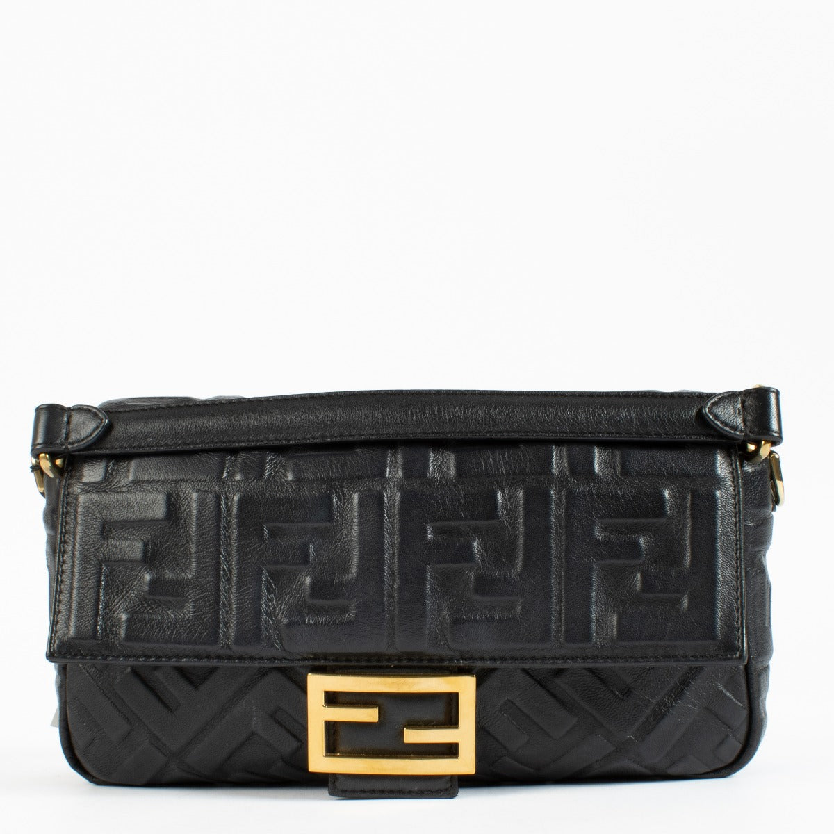 Fendi Black FF Embossed Leather Baguette Bag