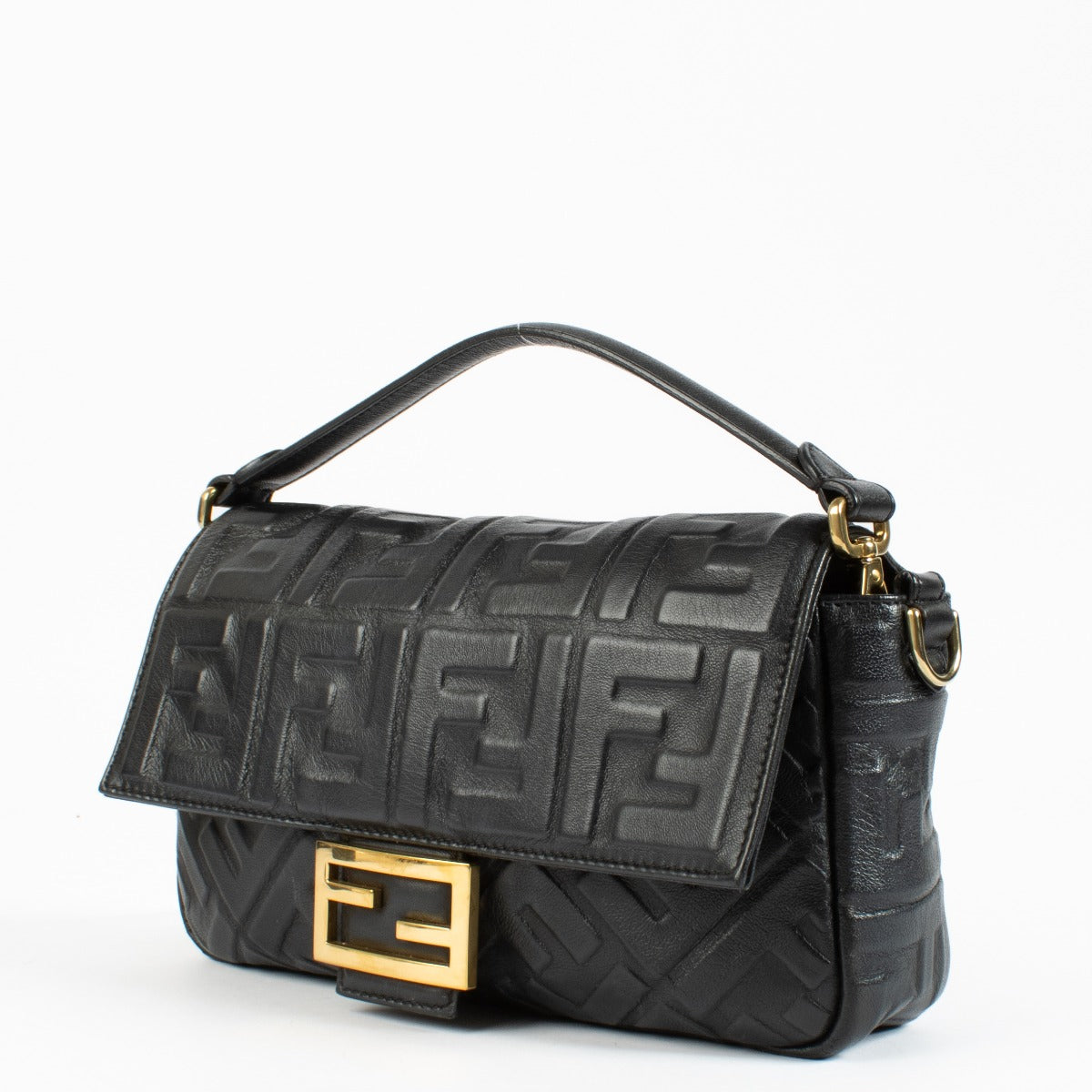 Fendi Black FF Embossed Leather Baguette Bag