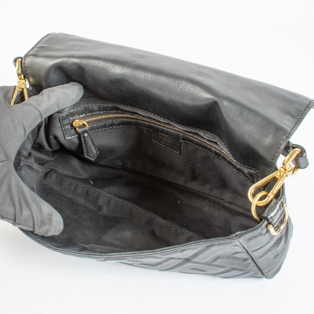 Fendi Black FF Embossed Leather Baguette Bag