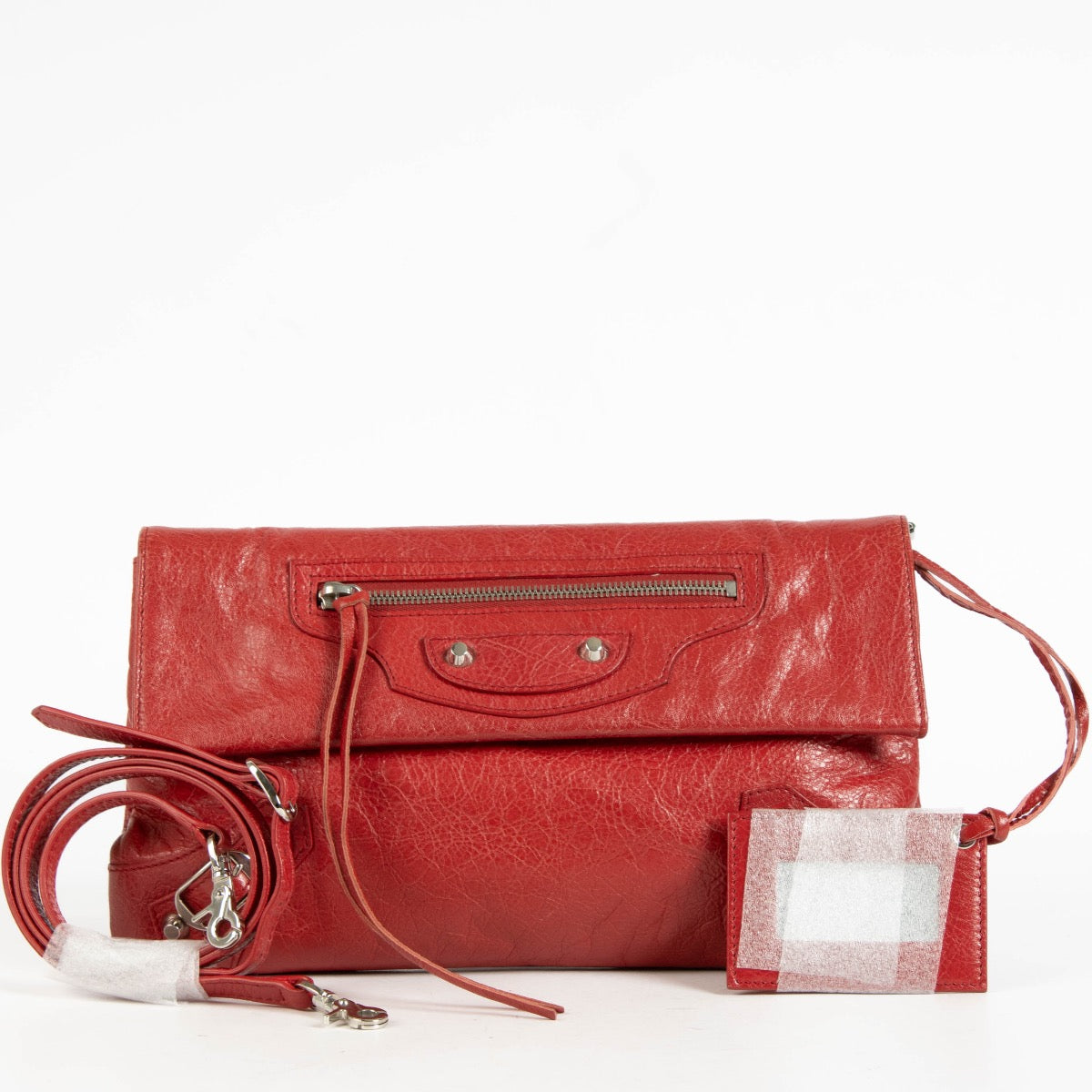 authentic preloved Balenciaga Red Lambskin Motorcross Classic Clutch on Labellov.com