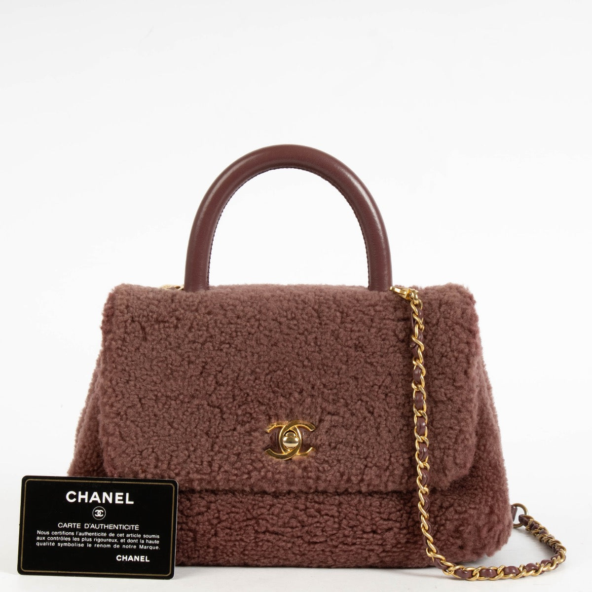 authentic preloved Chanel Burgundy Shearling Small Coco Handle on Labellov.com