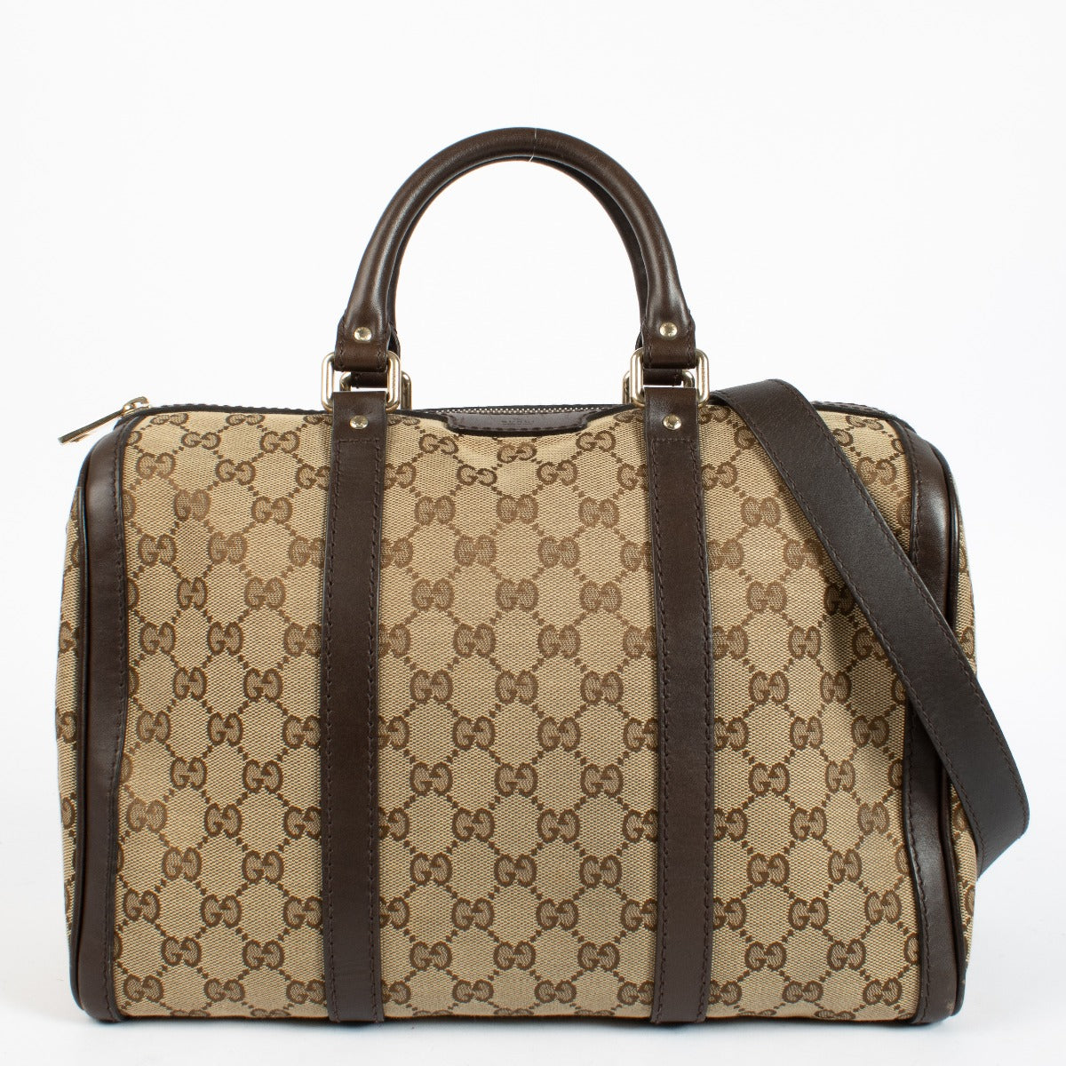 Gucci GG Supreme canvas Boston bag with brown leather trim at Labellov.com.