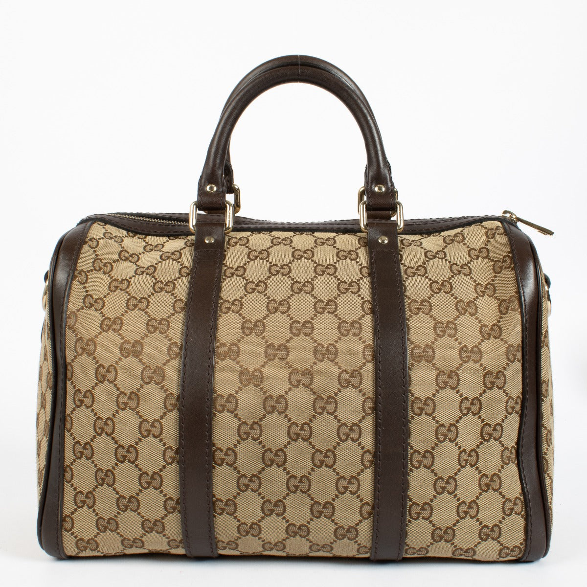 Gucci GG Supreme canvas Boston bag with brown leather trim at Labellov.com.
