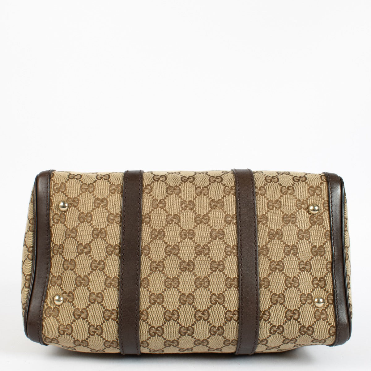Gucci GG Supreme canvas Boston bag with brown leather trim at Labellov.com.