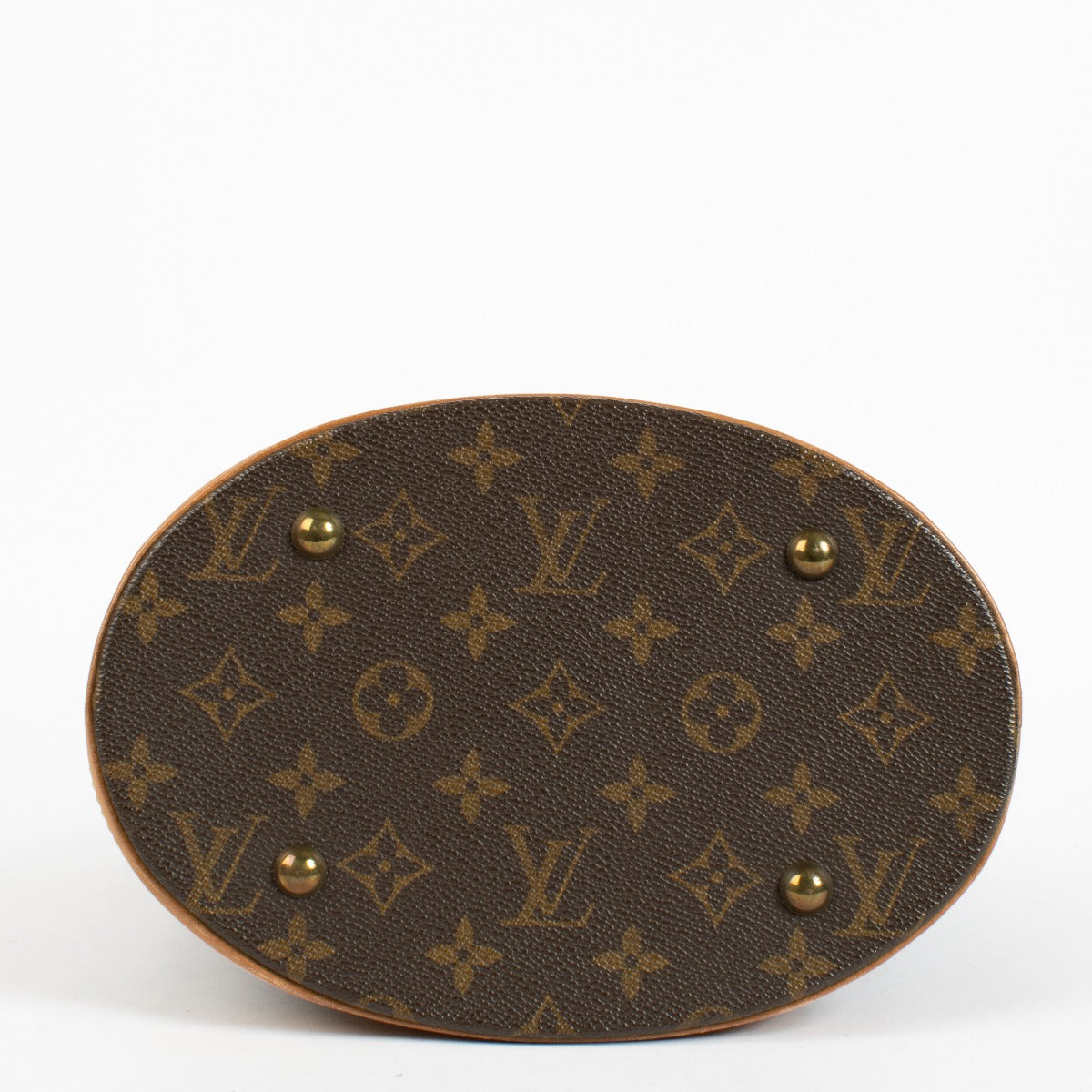 Authentic Louis Vuitton Petit Bucket bag in Monogram canvas with vachetta leather trim at Labellov.com