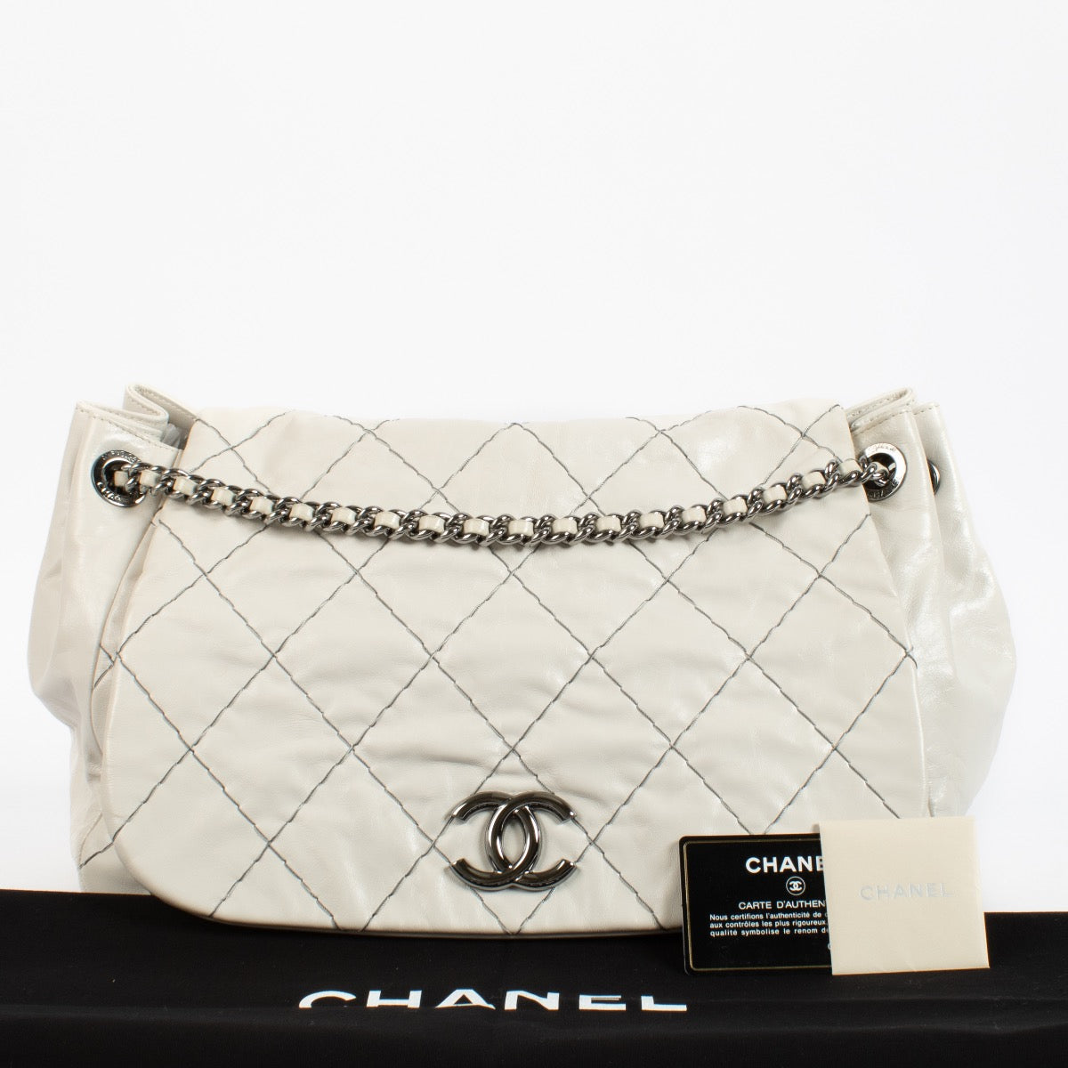 Chanel White Stitch It Accordion Flap Schoudertas