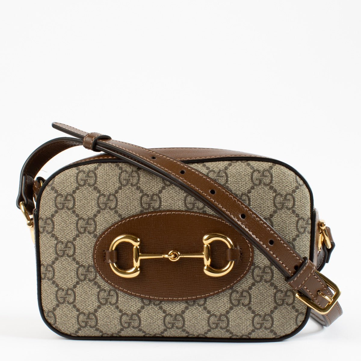 shop 100% authentic second hand Gucci Brown Horsebit 1955 Leather-Trimmed Canvas-Jacquard Camera Bag on Labellov.com