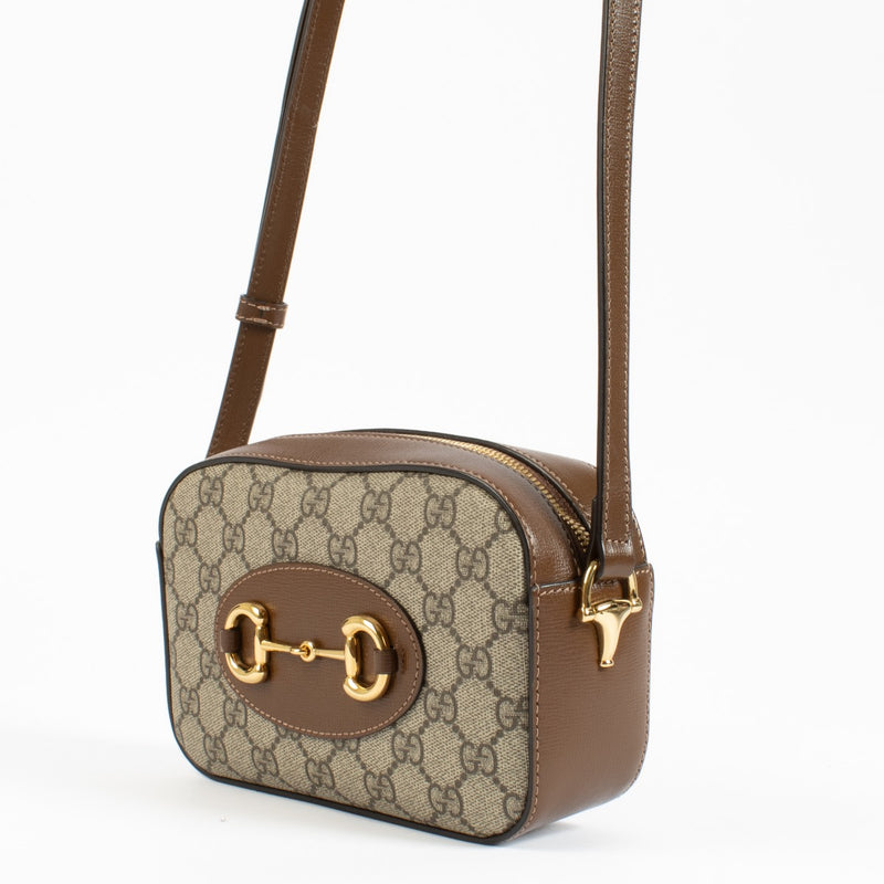shop 100% authentic second hand Gucci Brown Horsebit 1955 Leather-Trimmed Canvas-Jacquard Camera Bag on Labellov.com