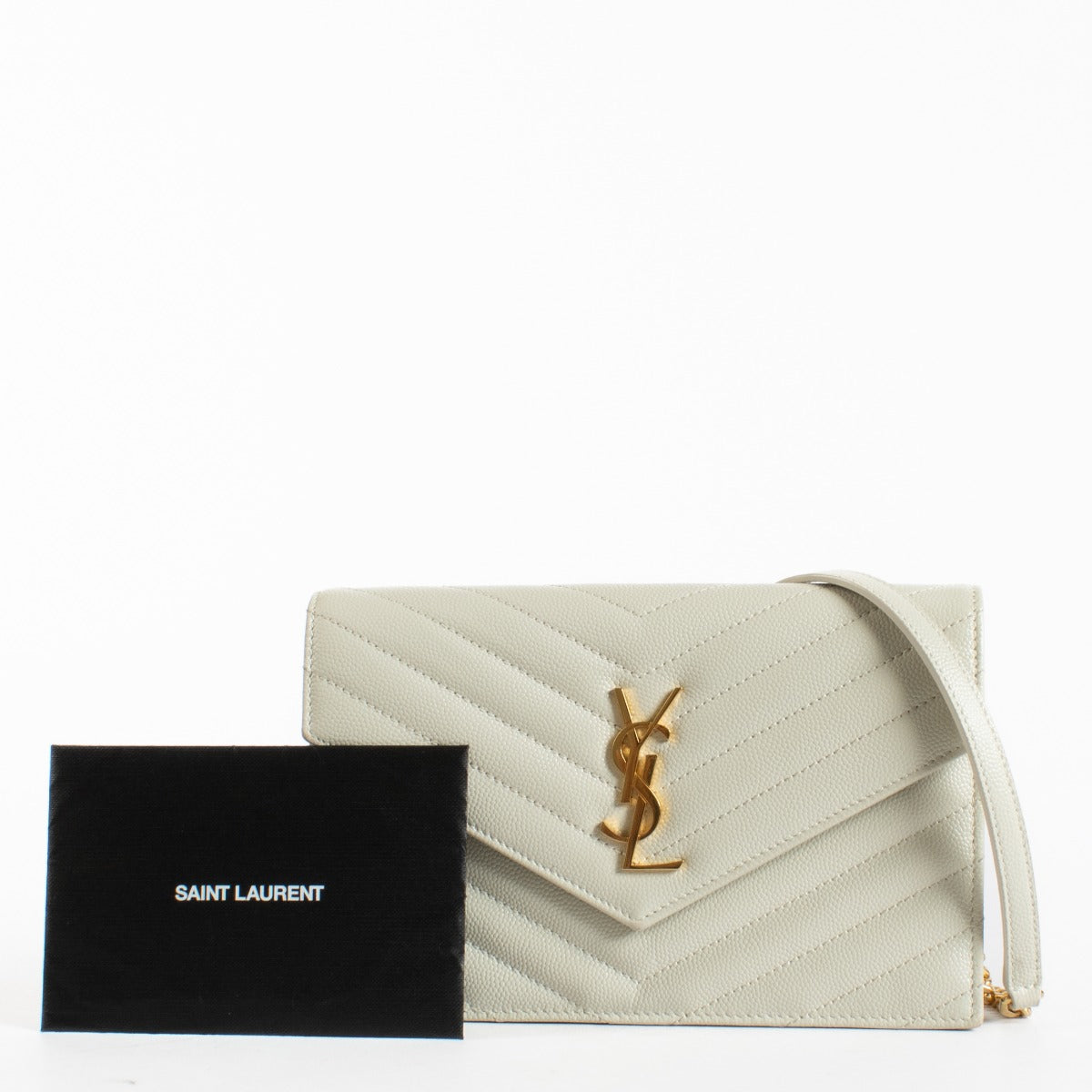 Authentic pre-loved Saint Laurent Cream Cassandre Envelope Chain Wallet on Labellov.com
