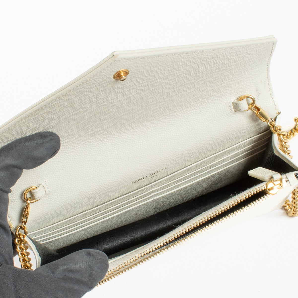 Authentic pre-loved Saint Laurent Cream Cassandre Envelope Chain Wallet on Labellov.com