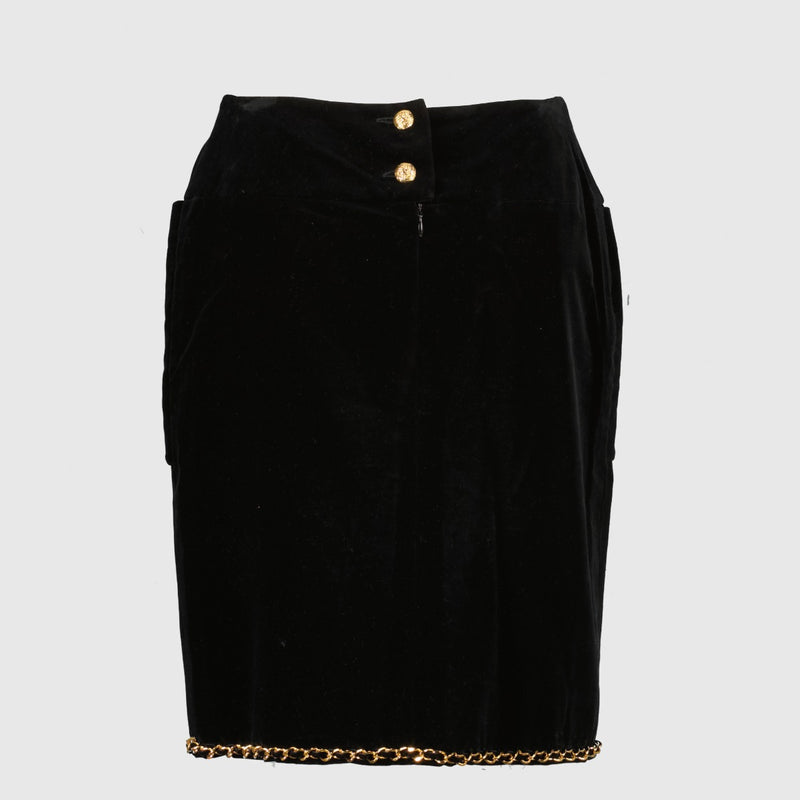 Chanel Vintage Chain Black Velvet Skirt - Size FR40