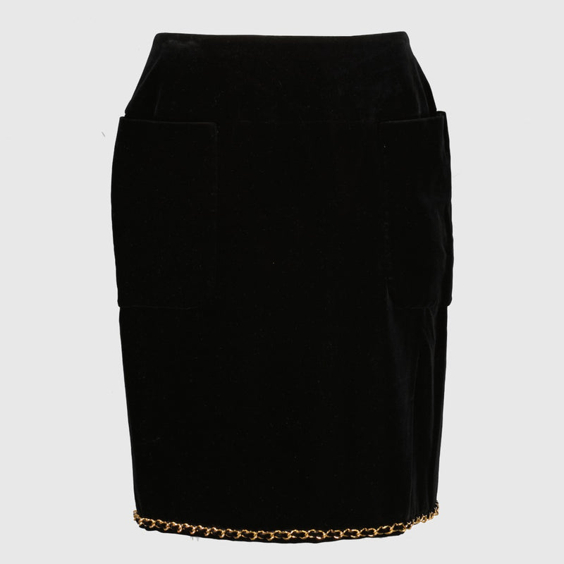 Chanel Vintage Chain Black Velvet Skirt - Size FR40