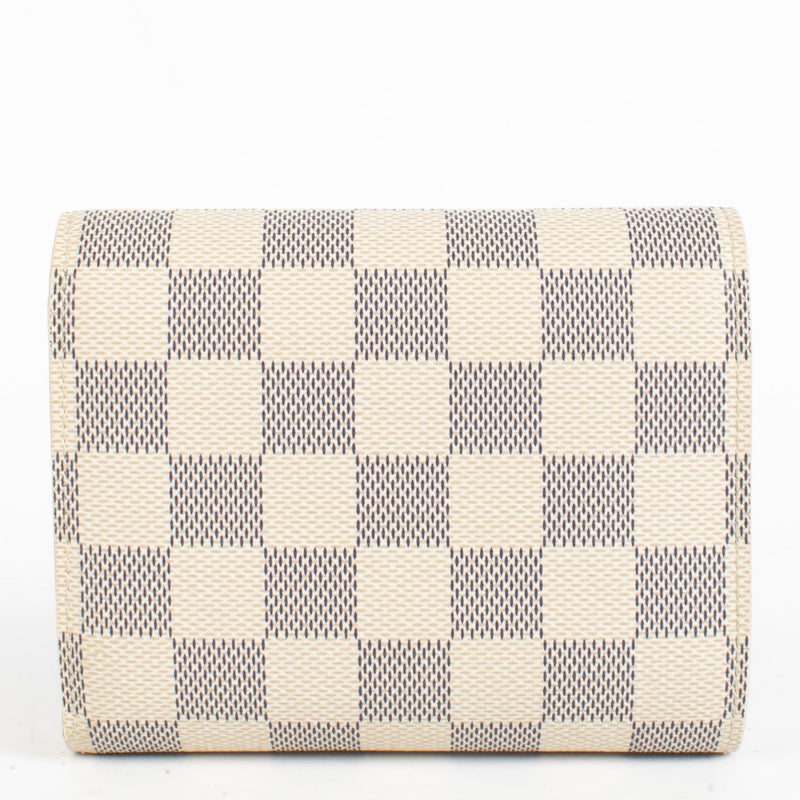 Louis Vuitton Joey Wallet in Damier Azur coated canvas with snap closure and organised interior compartments.
