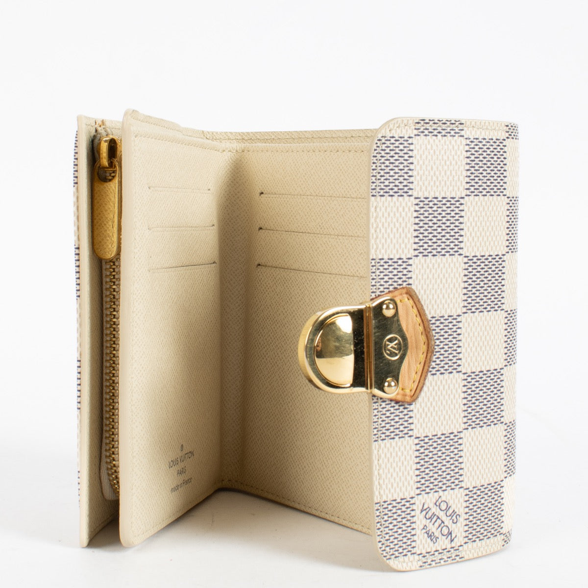 Louis Vuitton Joey Wallet in Damier Azur coated canvas with snap closure and organised interior compartments.