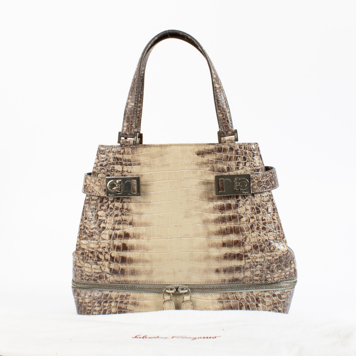 Shop authentic Salvatore Ferragamo Double Gancini Side Buckle Tote Crocodile Embossed Leather on www.labellov.com