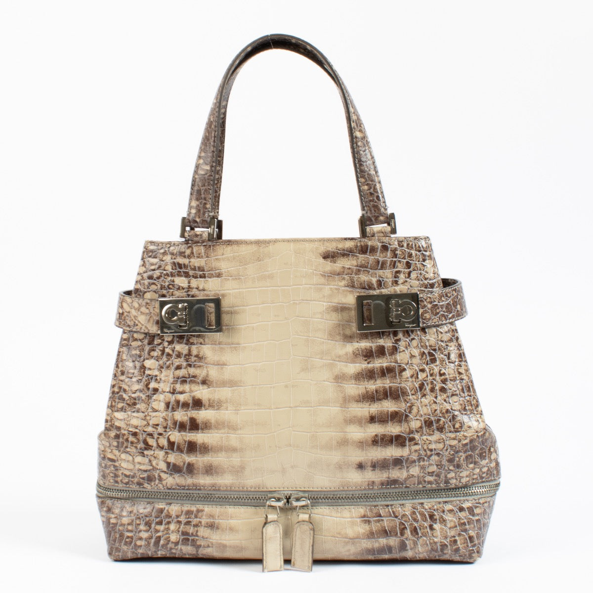 Shop authentic Salvatore Ferragamo Double Gancini Side Buckle Tote Crocodile Embossed Leather on www.labellov.com