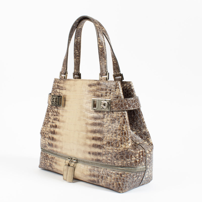 Shop authentic Salvatore Ferragamo Double Gancini Side Buckle Tote Crocodile Embossed Leather on www.labellov.com