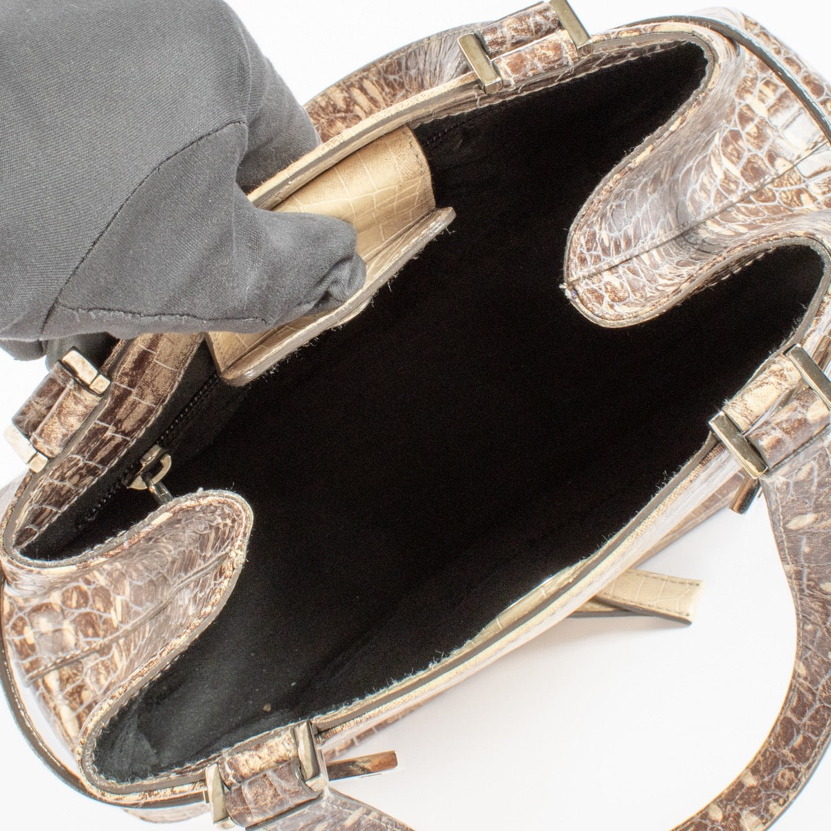 Shop authentic Salvatore Ferragamo Double Gancini Side Buckle Tote Crocodile Embossed Leather on www.labellov.com
