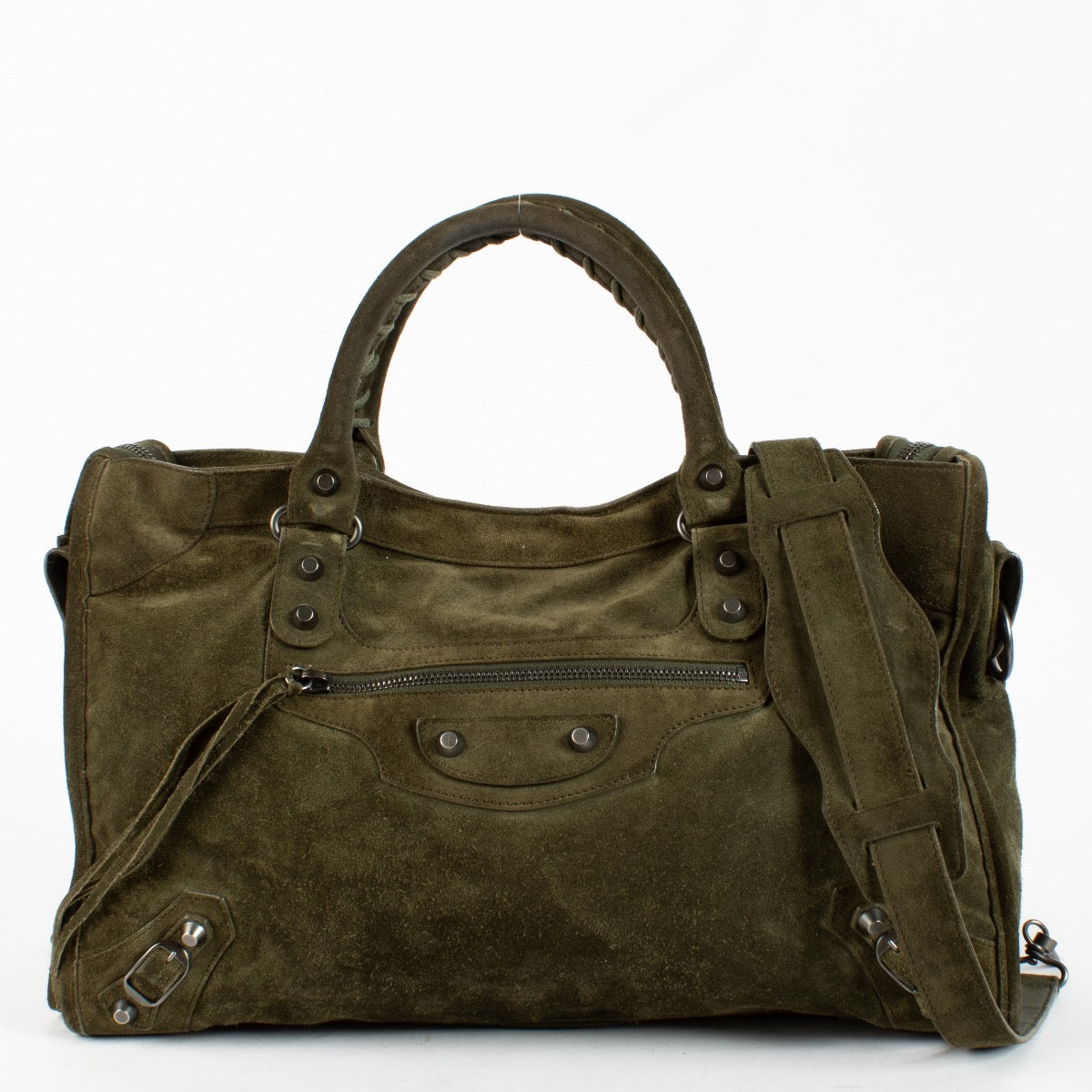 Authentic Second Hand Balenciaga Green Suede Medium City Bag on Labellov.com