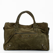 Authentic Second Hand Balenciaga Green Suede Medium City Bag on Labellov.com