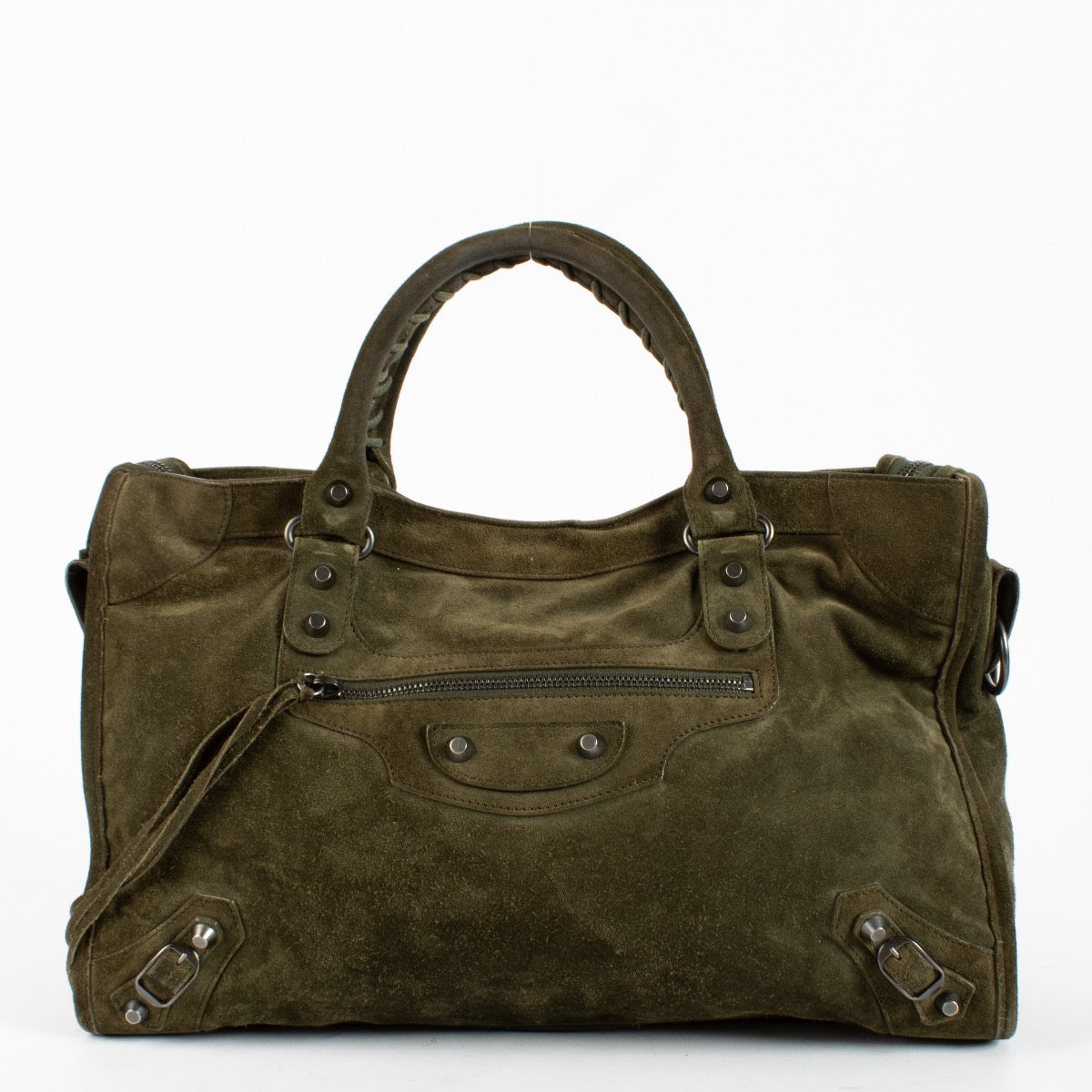 Authentic Second Hand Balenciaga Green Suede Medium City Bag on Labellov.com
