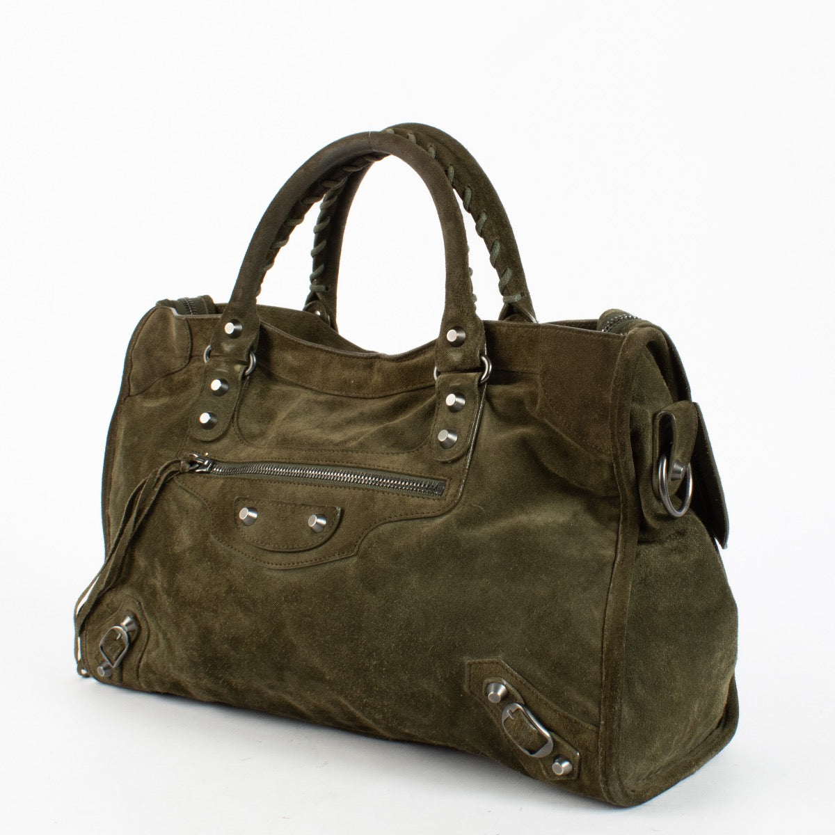 Authentic Second Hand Balenciaga Green Suede Medium City Bag on Labellov.com
