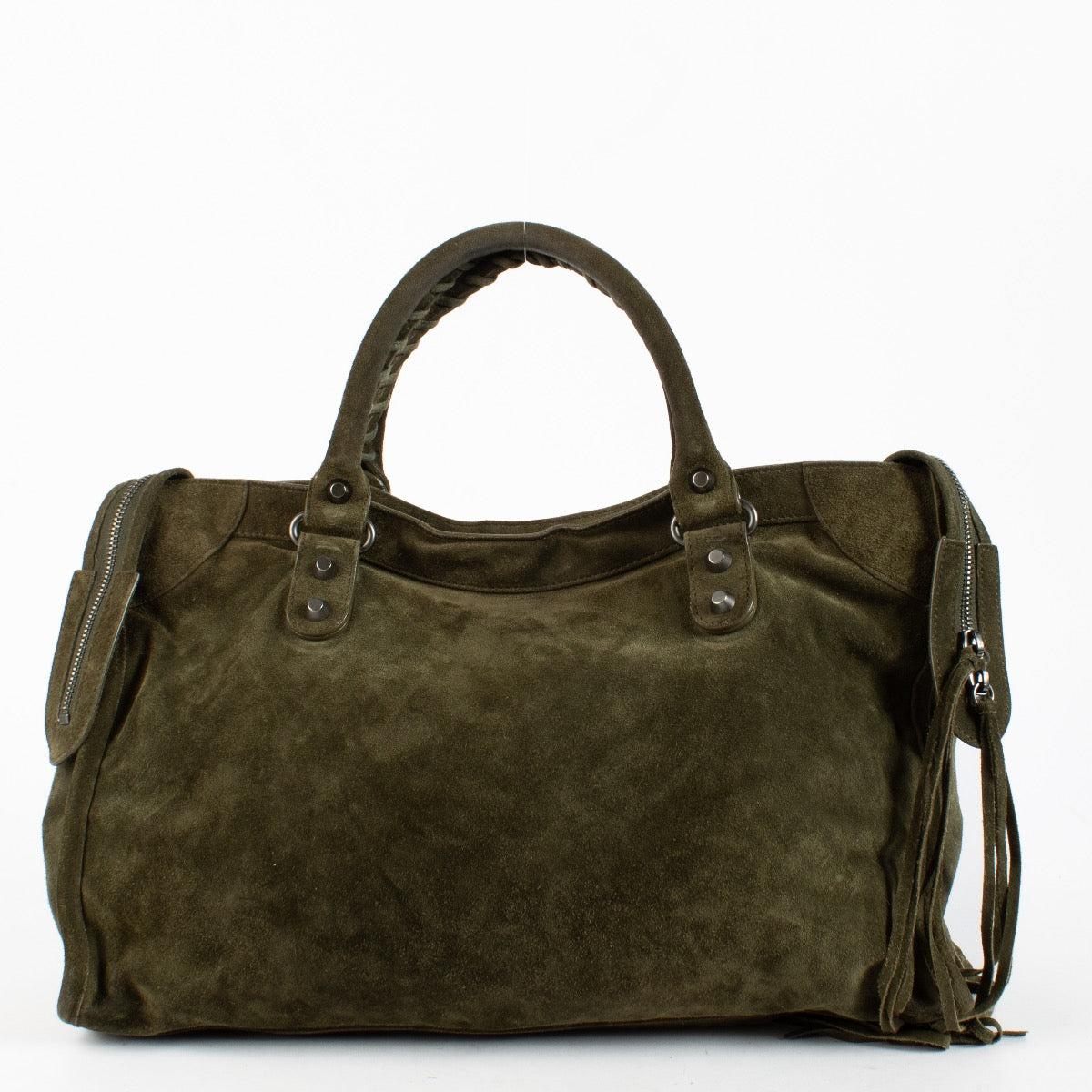 Authentic Second Hand Balenciaga Green Suede Medium City Bag on Labellov.com