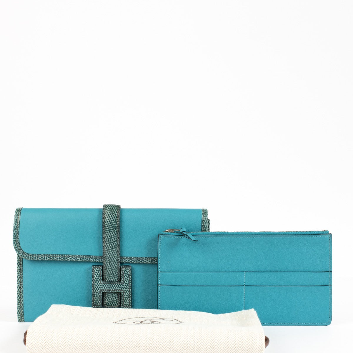 Hermès Jige Duo Portemonnee Bleu Paon Swift/Hagedis