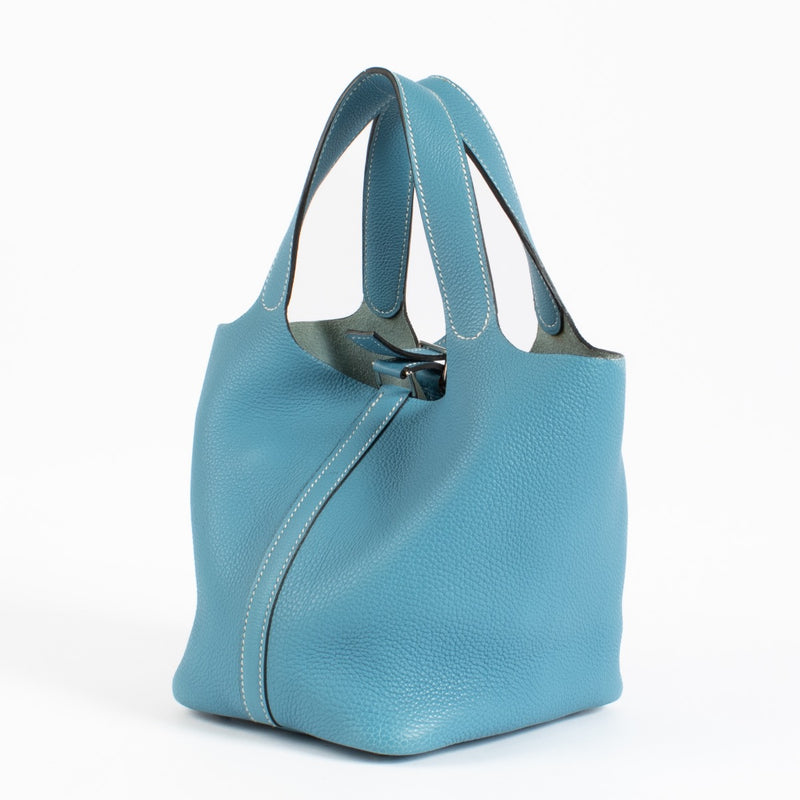 Shop safe online at Labellov in Antwerp, Brussels and Knokke this 100% authentic second hand Hermès Picotin 16 Bleu Jean Clemence PHW